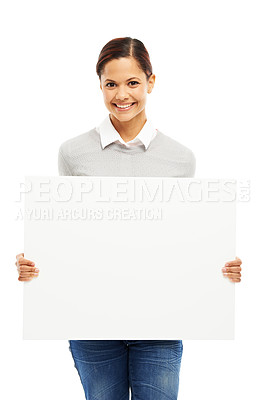 Buy stock photo Woman, employee and smile with poster in studio with white background and mockup space. Female person, sign board and portrait with presentation for marketing, promo and advertising with information