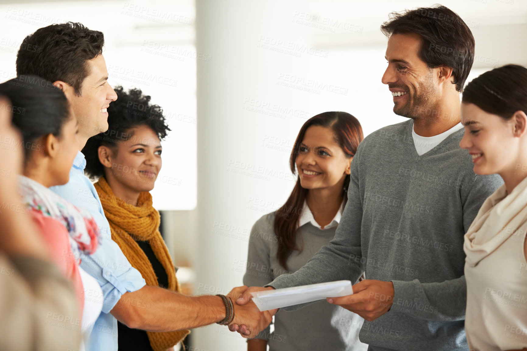 Buy stock photo Business people, documents and handshake in office for collaboration, contract and employee award. Creative agency, offer and diversity in workplace for shaking hands, teamwork and congratulations