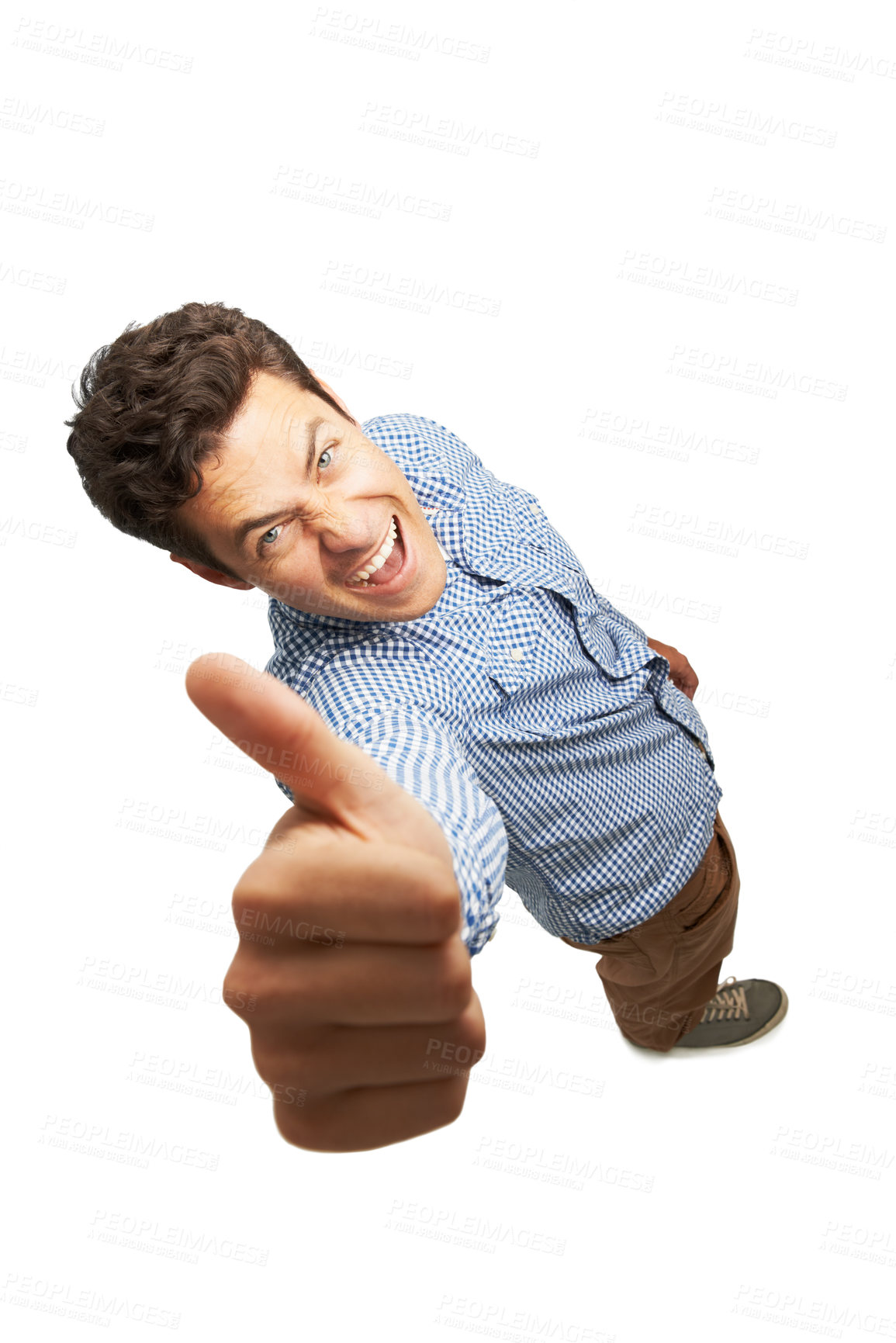 Buy stock photo Portrait, man and thumbs up as confident, happy and smile on white background in office wear. Male person, style and trendy with success, studio and checkered shirt as positive, satisfied or excited