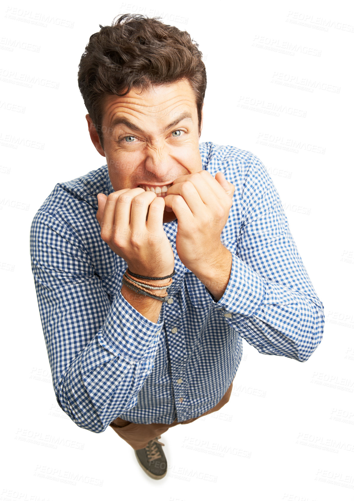 Buy stock photo Man, anxiety portrait and biting nails in studio, mental health disaster and white background. Male person, high angle and nervous for bankruptcy crisis, professional stress and business mistake