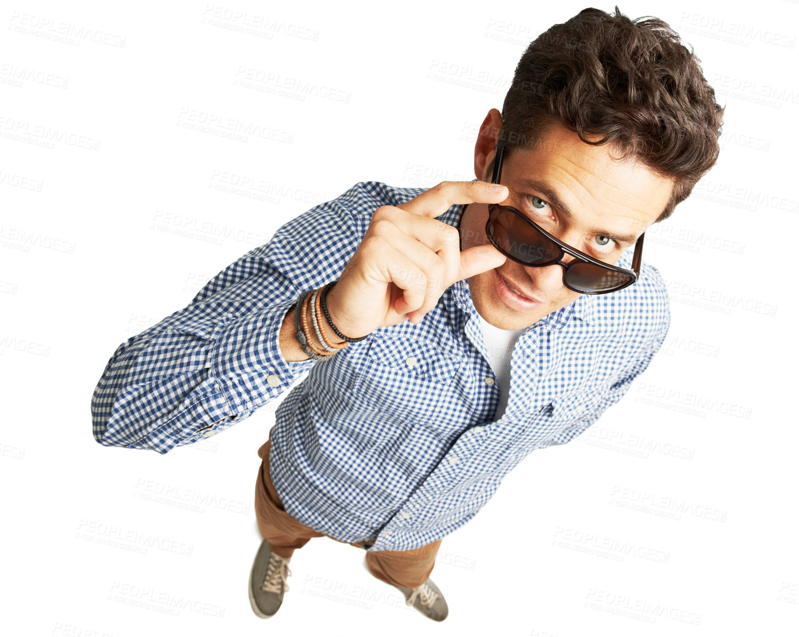 Buy stock photo Sunglasses, fashion and portrait of man in studio with casual, shirt and cool outfit. Accessory, smile and top view of male person from with eyewear for trendy style isolated by white background.