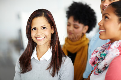 Buy stock photo Portrait, designer and woman in a meeting with employees planning a creative marketing group project. Success, pride and happy employee brainstorming advertising ideas with agency workers in a office