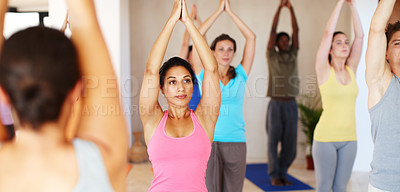Buy stock photo Wellness, yoga and people with personal trainer for class stretching, exercise and workout on mat. Pilates, club and portrait of instructor with men and women for wellness, balance and healthy body