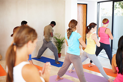 Buy stock photo People, fitness and back with group on yoga mat in class for exercise, training or workout session together in dojo. Young, team or yogi in warm up, stretching or pilates for balance and wellness