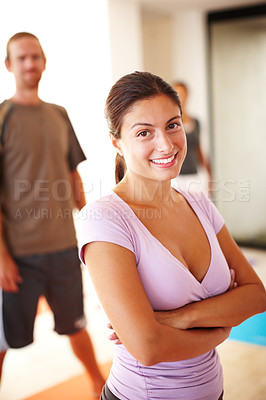 Buy stock photo Portrait, smile and confident, woman in yoga class for fitness, commitment and body wellness. Pilates, men and women in gym together in holistic health, mindfulness and happy people at exercise club.