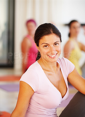 Buy stock photo Portrait, stretching and woman in yoga for fitness, body exercise class and happy mindfulness. Club, pilates and group of people in holistic health retreat for wellness, balance and smile on face.