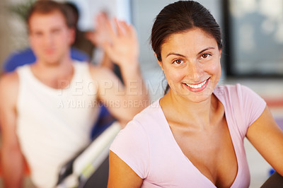 Buy stock photo Woman, yoga class and portrait with smile, group and ready for wellness at gym in morning. Person, people and together with pride, pilates and happy for fitness with lesson at health club in Italy