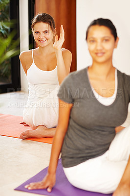 Buy stock photo Woman, yoga class and portrait with smile, friends and ready for wellness at gym in morning. Person, people and together on floor, pilates and happy for fitness benefits with lesson at health club