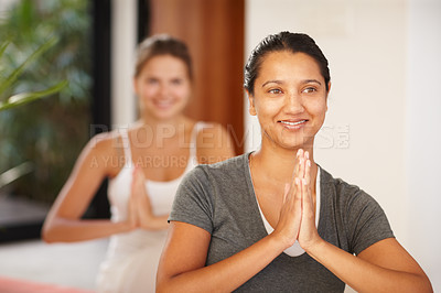 Buy stock photo Woman, yoga and namaste in class, smile and meditation for peace in morning at gym. Person, pray hands and people with breathing, mindfulness and happy for mudra with lesson at wellness club