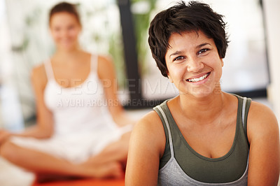 Buy stock photo Woman, yoga and portrait on floor at class with smile, excited and ready to start for wellness at gym. Person, happy and people with warm up, pilates and balance with lesson at health club in USA