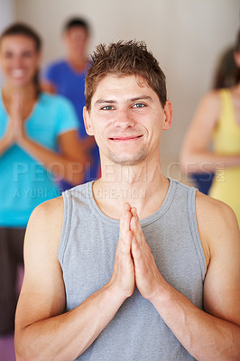 Buy stock photo Man, yoga class and namaste in portrait, smile and group meditation for peace in morning at gym. Person, pray hands and people with face, mindfulness and happy with mudra at wellness club in Ireland