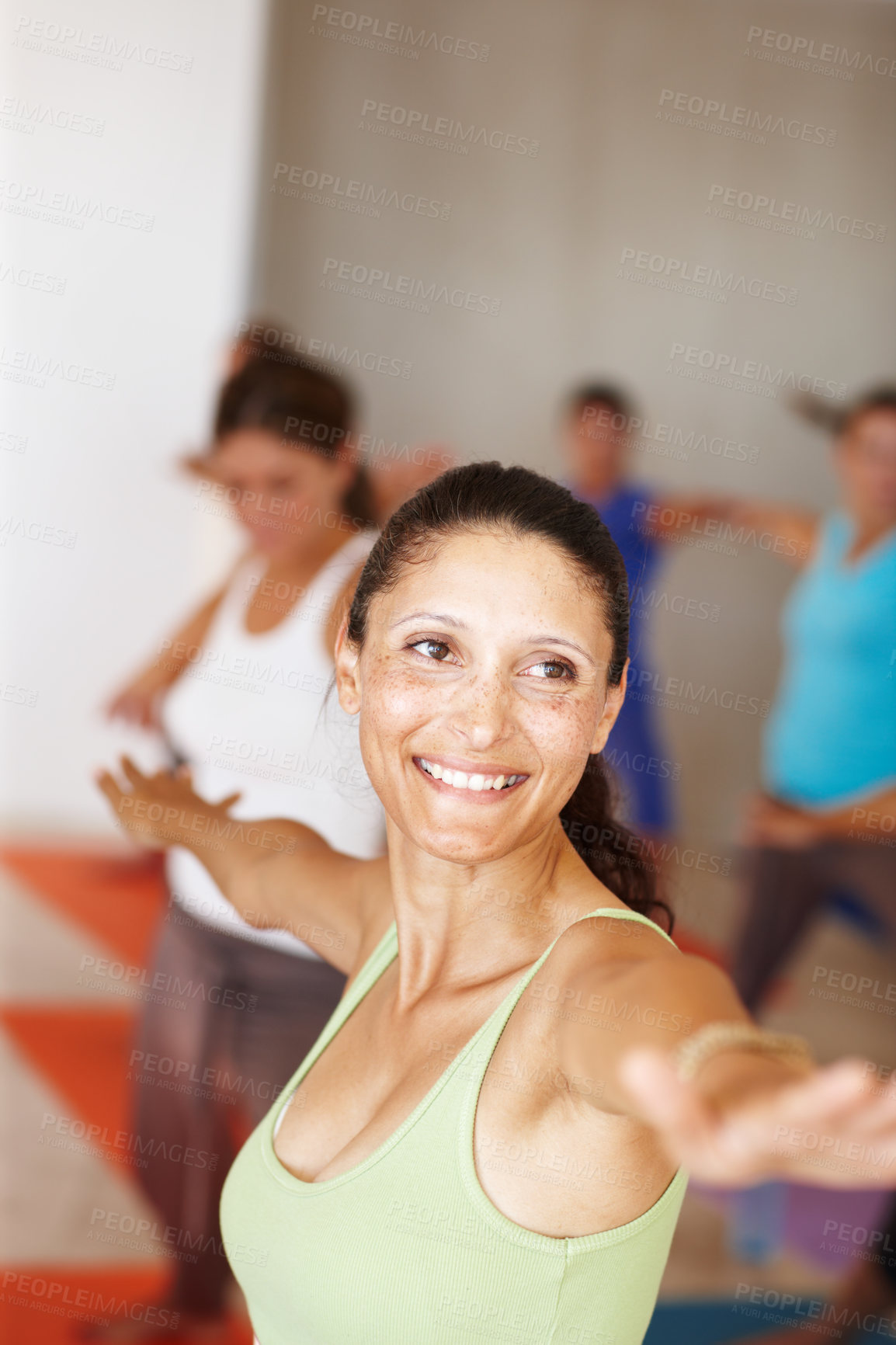 Buy stock photo Fitness, smile and yoga class with an instructor in a studio for health, wellness or holistic training. Exercise, pilates or stretching with a yogi teaching students about zen, balance or inner peace