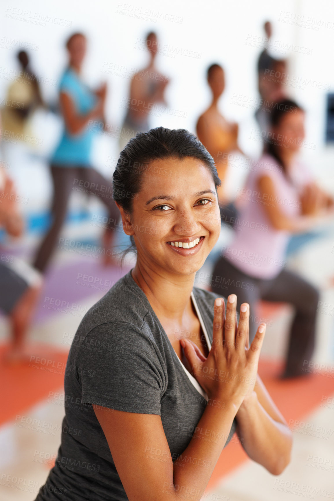 Buy stock photo Woman, yoga and portrait with smile at class with namaste, excited and ready to start for wellness at gym. Person, happy and people with sign, pilates and balance with lesson at health club in Mexico