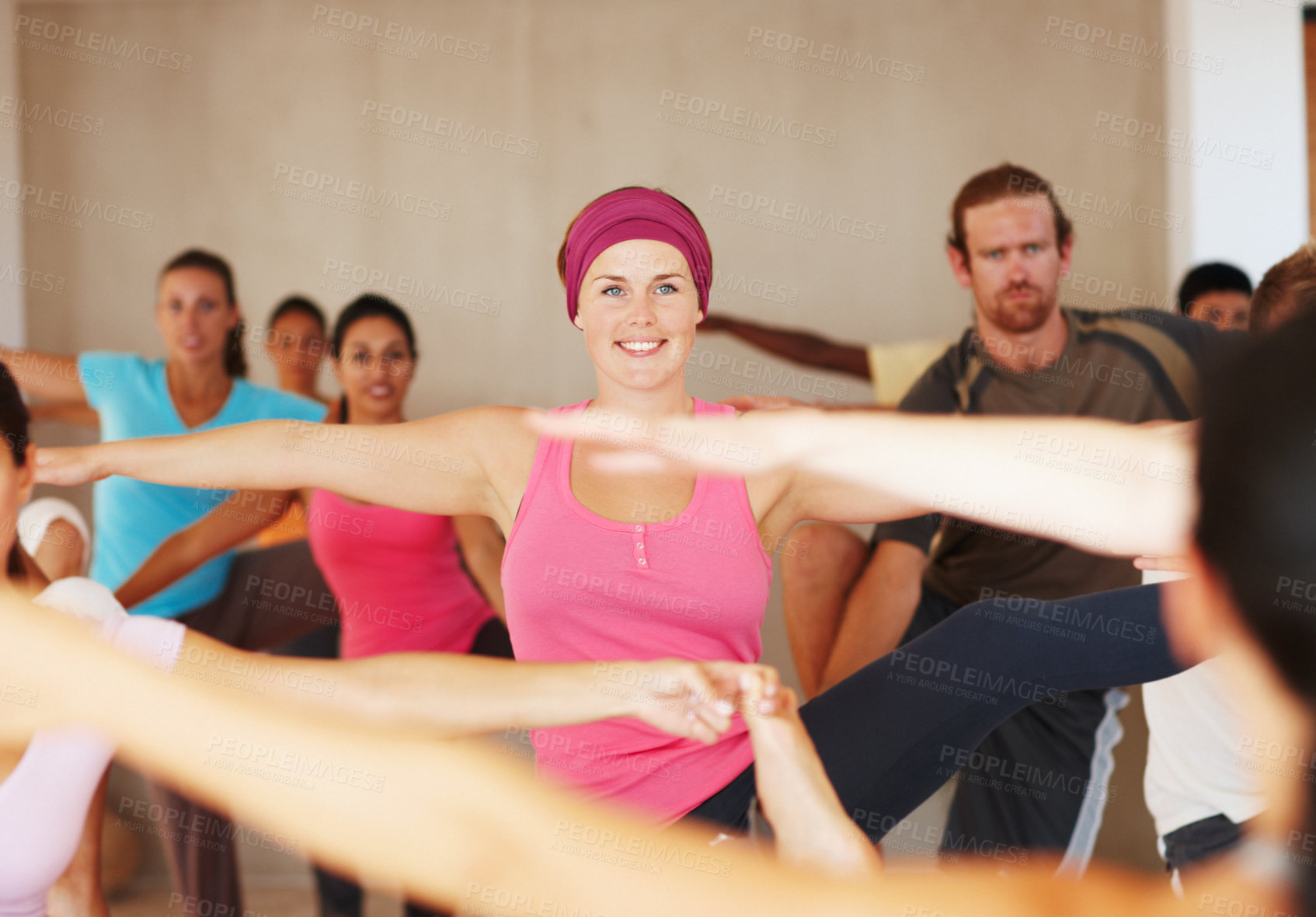 Buy stock photo Yoga class, stretching and people in warrior pose at gym, exercise and healthy body, wellness or pilates. Fitness, happy group and virabhadrasana balance, flexibility and practice in club together