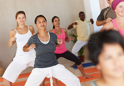 Buy stock photo Yoga class, people and group with stretching, diversity and together with health, peace and support. Woman, crowd and lesson for pilates, breathing and solidarity with community at wellness club