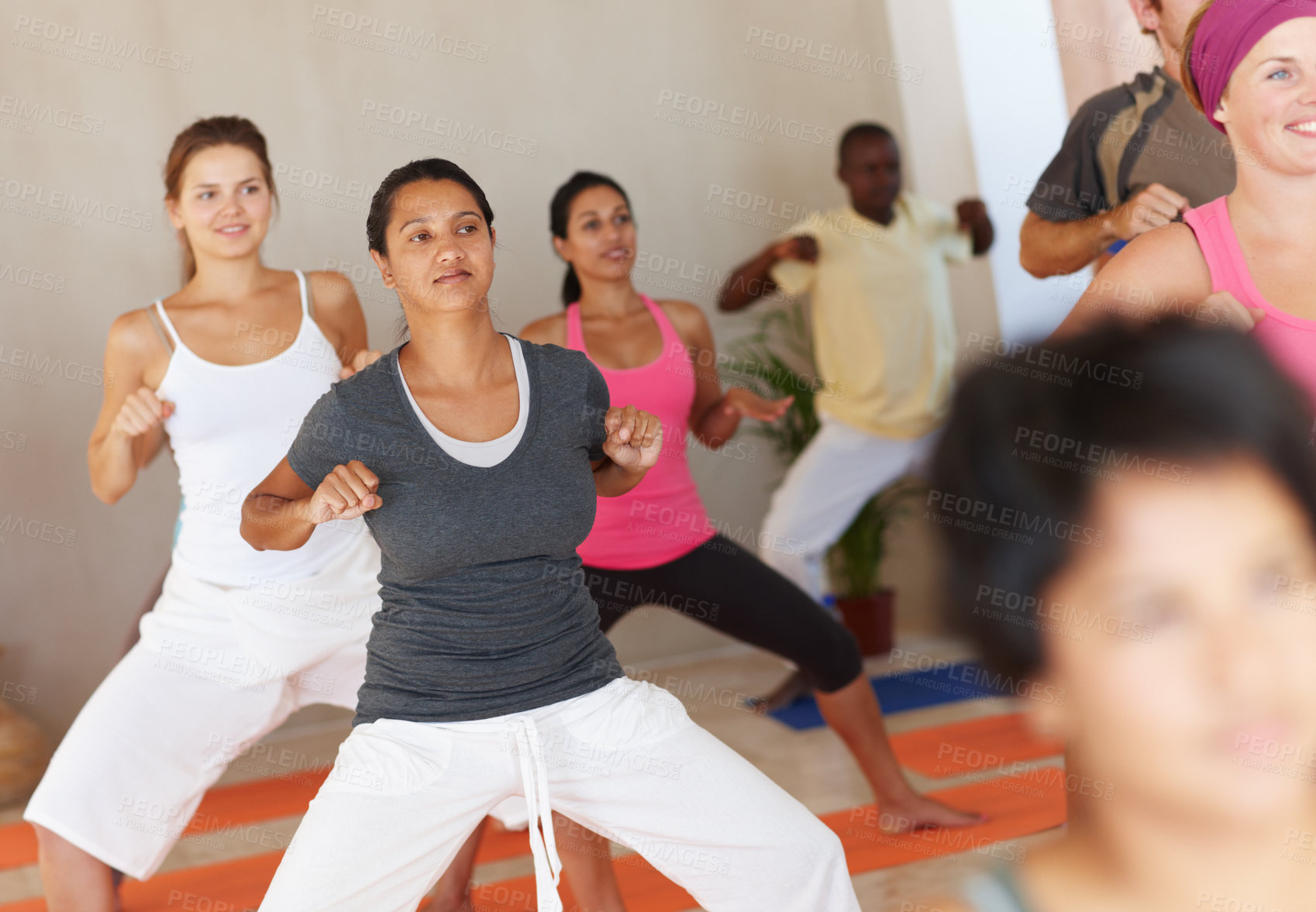 Buy stock photo Yoga class, people and group with stretching, diversity and together with health, peace and support. Woman, crowd and lesson for pilates, breathing and solidarity with community at wellness club