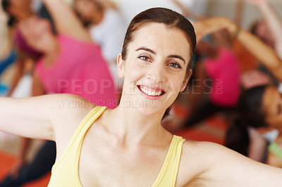 Buy stock photo Yoga, stretching and portrait of woman in class for wellness, health and mindfulness in studio. Friends, happy and people for exercise, training and fitness for pilates, balance and flexibility