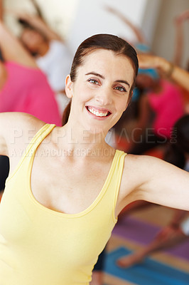 Buy stock photo Yoga, happy and portrait of woman in class for wellness, health and mindfulness in gym studio. Friends, workout and people for exercise, training and fitness for pilates, balance and flexibility