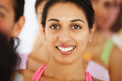 Buy stock photo Yoga, class and Indian woman portrait with smile for health, wellness and flexibility in pilates studio. Relax, student and happy at seminar and workshop for calm and balance learning at gym