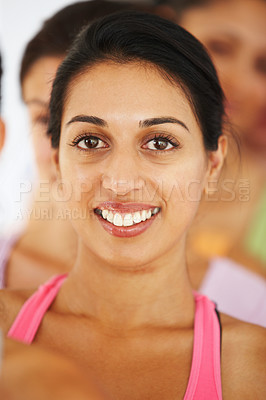 Buy stock photo Yoga, fitness and Indian woman portrait with smile for health, wellness and workout class in pilates studio. Relax, student and happy at seminar and workshop for calm and balance learning at gym