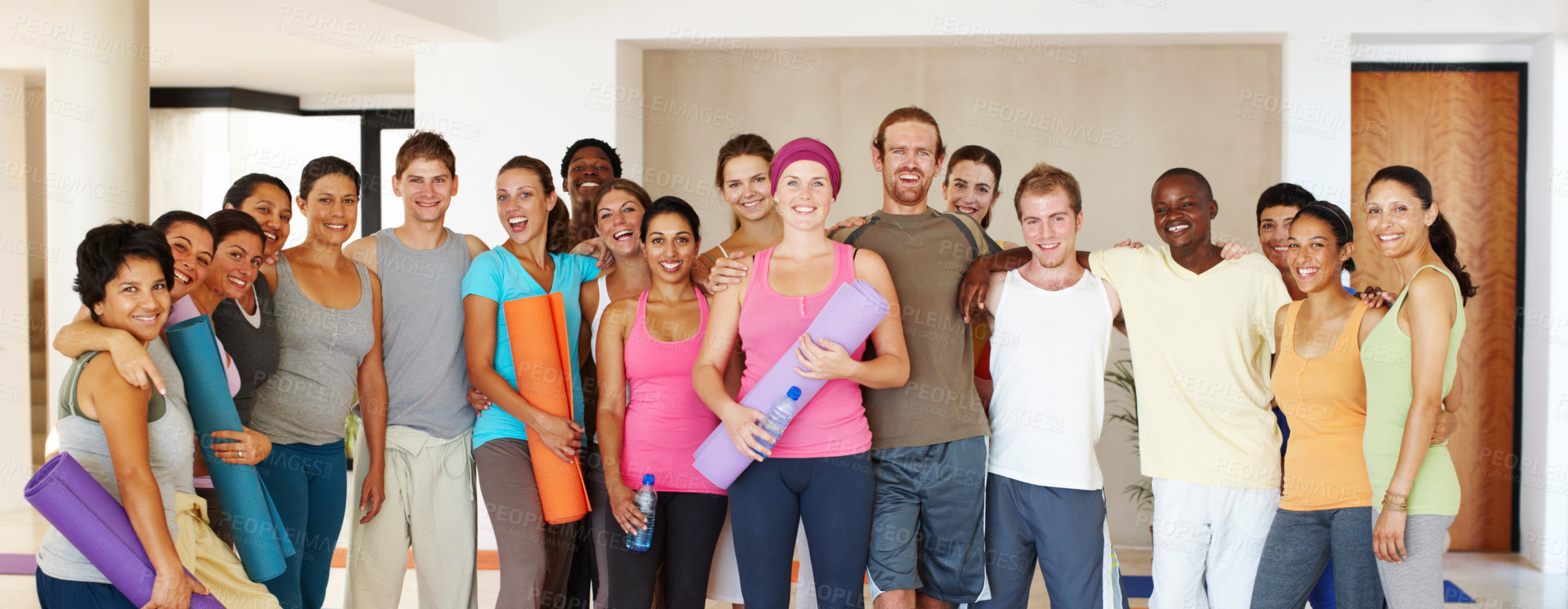 Buy stock photo Exercise, group and portrait of people in studio for yoga class, solidarity and support in wellness. Yogi, happy and friends with confidence in fitness club for healthy workout together in morning