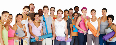 Buy stock photo Portrait of a group of yoga enthusiasts isolated on white