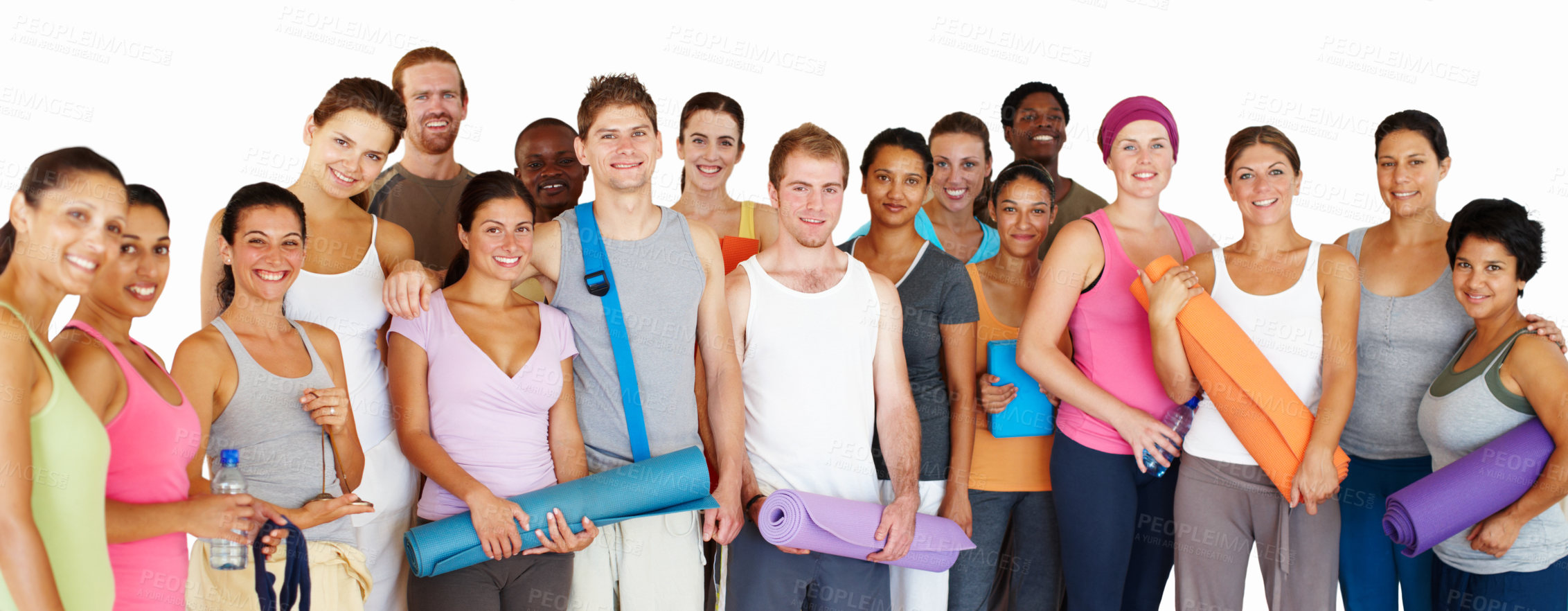 Buy stock photo Group, fitness and portrait of people in studio for yoga class, support and solidarity in wellness. Yogi, friends and happy with confidence in workout club for healthy exercise by white background