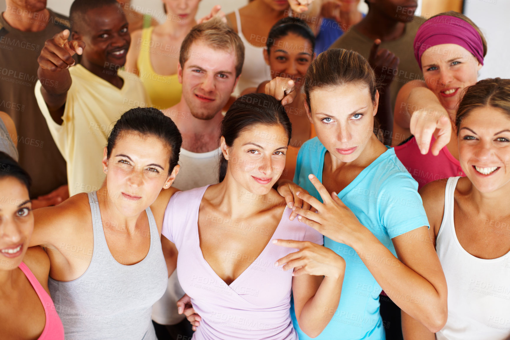 Buy stock photo Fitness, group and portrait of people in class for exercise, support and training together on weekend. Happy, friends and above with confidence at health club for morning, wellness or workout in gym