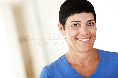 Buy stock photo Mature woman, smile and portrait at yoga class for health, development and self care at wellness club. Person, business owner and instructor at gym, pride and entrepreneurship with fitness in Italy