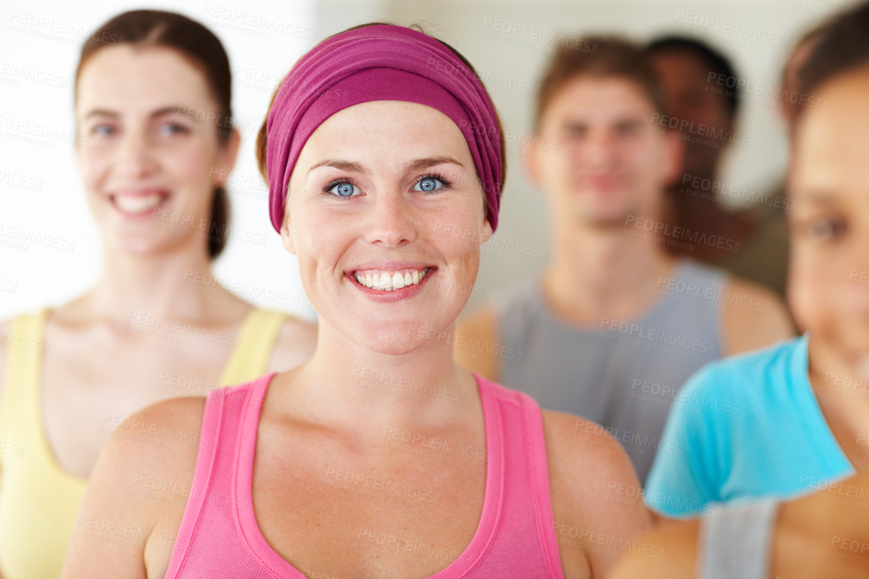 Buy stock photo Portrait, fitness or smile and woman with a group of people in a studio for health, wellness or mindfulness. Exercise, workout and pilates with happy young friends in gym class for team training