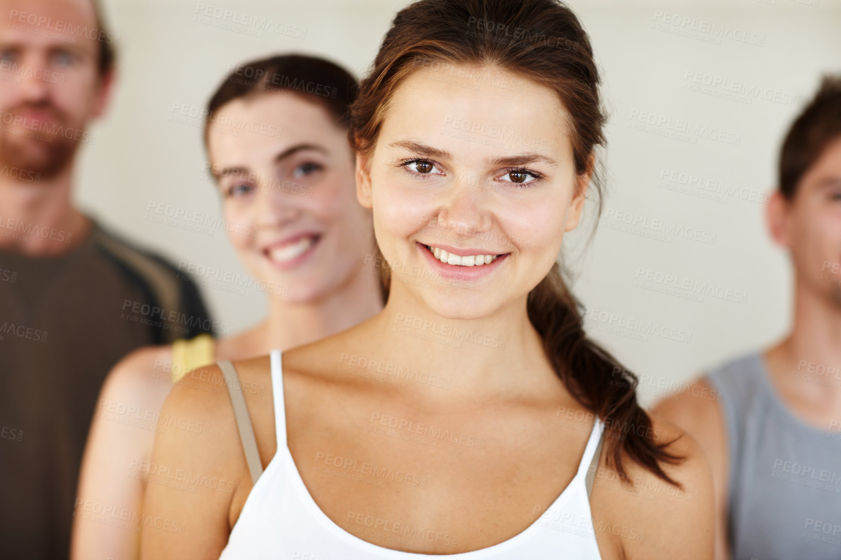 Buy stock photo Portrait, smile or yoga and woman with a group of people in a studio for health, wellness or mindfulness. Fitness, exercise or pilates with happy young friends in gym class for holistic training