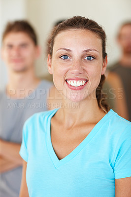 Buy stock photo Yoga, gym and portrait of woman in class for wellness, mobility and workout in studio. Friends, happy and face of person for exercise, training and fitness for pilates, healthy body and flexibility