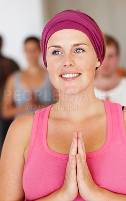 Buy stock photo Yoga class, thinking and woman with namaste for wellness, inner peace and mindfulness in studio. Female instructor, yogi and smile with prayer hands for mental health, chakra energy and meditation