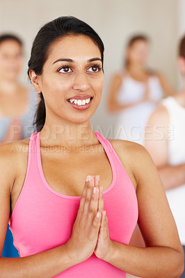 Buy stock photo Namaste, yoga and woman in meditation class for fitness, wellness and mindset for healthy body care. Peace, relax and group of people at holistic club together for balance, mindfulness or zen workout