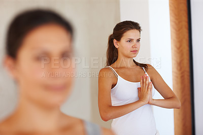 Buy stock photo Woman, yoga or meditation with namaste in class for spiritual wellness, zen or exercise at dojo. Young, female person or yogi with hands together for holistic workout, pilates or awareness at studio