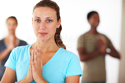 Buy stock photo Woman, portrait and instructor at yoga class, namaste and group for meditation in spiritual position. Person, yogi teacher and coach for mindfulness at studio, support healing and trainer for chakra