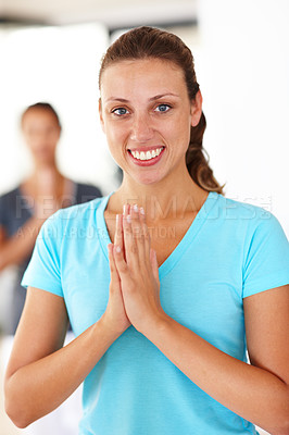 Buy stock photo Portrait of a woman meditating during yoga