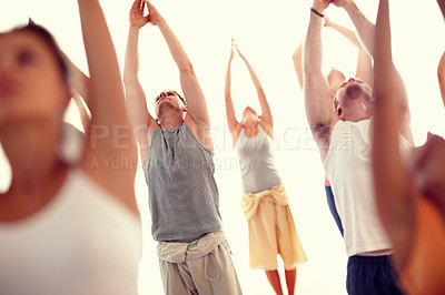 Buy stock photo Yoga, stretching and people in class for wellness, health and workout for mobility. White background, gym and men and women for exercise, training and fitness for pilates, balance and flexibility