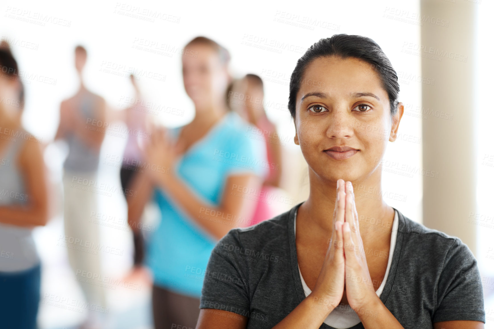 Buy stock photo Woman, portrait and coach at yoga class, namaste and group for meditation in spiritual position. Person, yogi teacher and instructor for healing at studio, support fitness and trainer for chakra