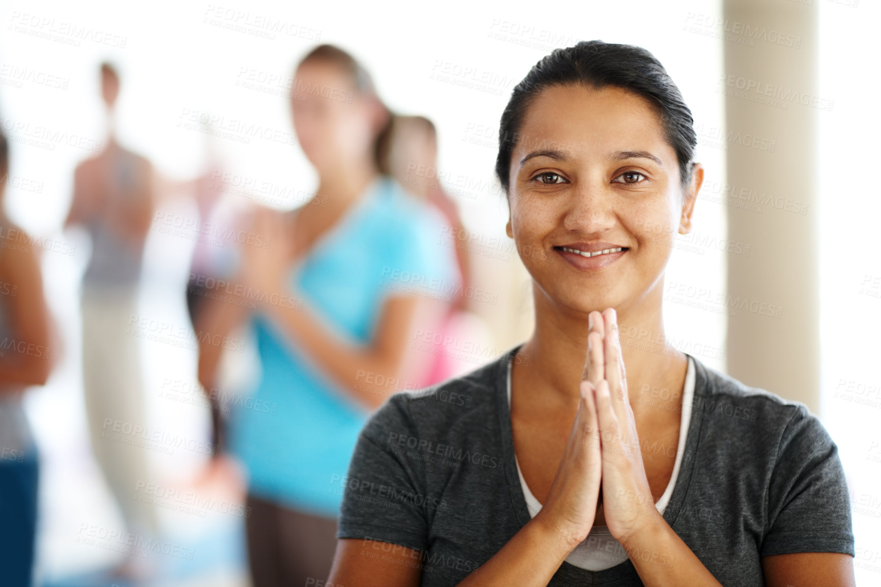 Buy stock photo Woman, portrait and trainer at yoga class, namaste and group for meditation in spiritual position. Person, yogi teacher and instructor for mindfulness at studio, support healing and fitness in India