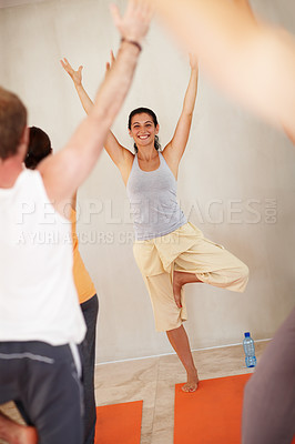 Buy stock photo Fitness, yoga and people with personal trainer for class stretching, exercise and workout on mat. Pilates, club and portrait of instructor with men and women for wellness, balance and healthy body