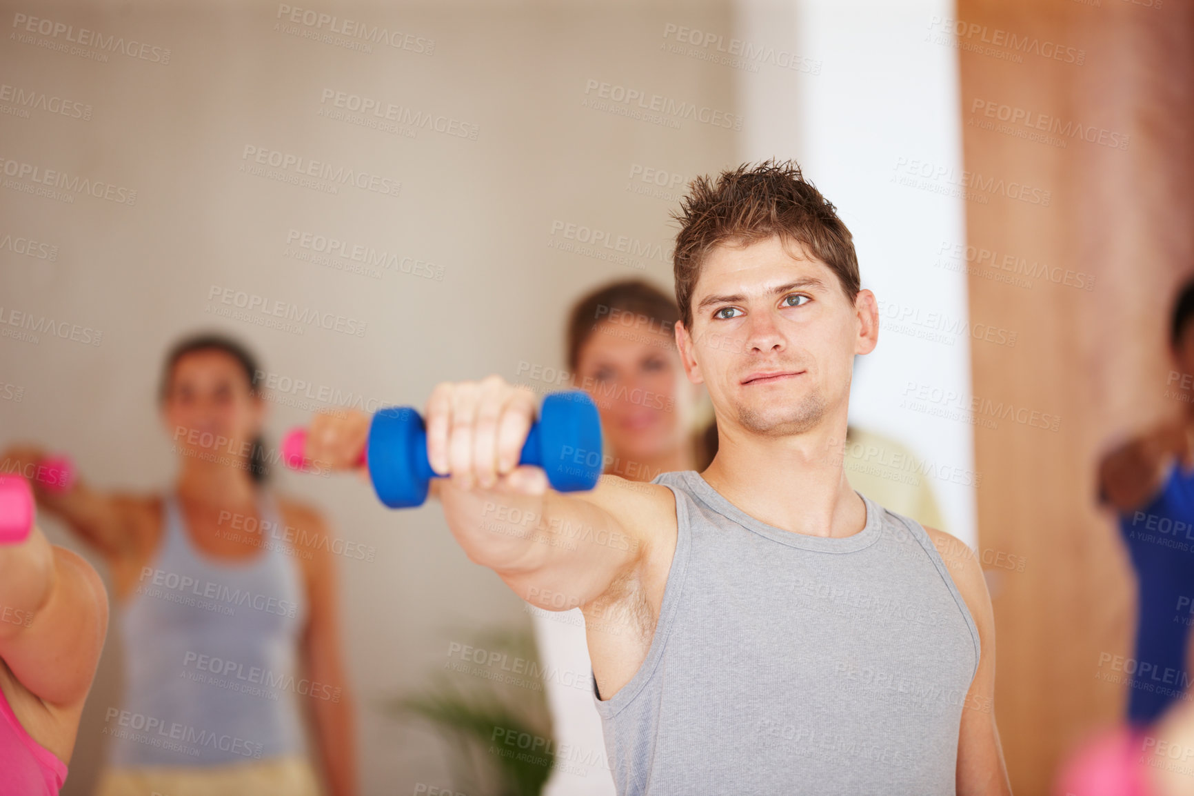 Buy stock photo Weightlifting, dumbbells and man in gym for workout, bodybuilder training and exercise in class. Fitness, pilates and person with equipment for strength, muscles and strong arms for performance