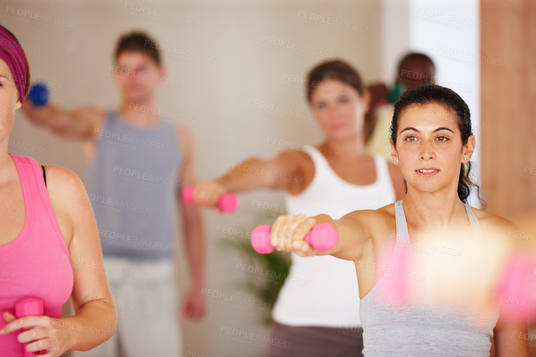 Buy stock photo Weights, dumbbells and woman in gym for yoga workout,  training and exercise in class. Fitness, pilates and person with equipment for strength, muscles and strong arms for wellness, health and cardio