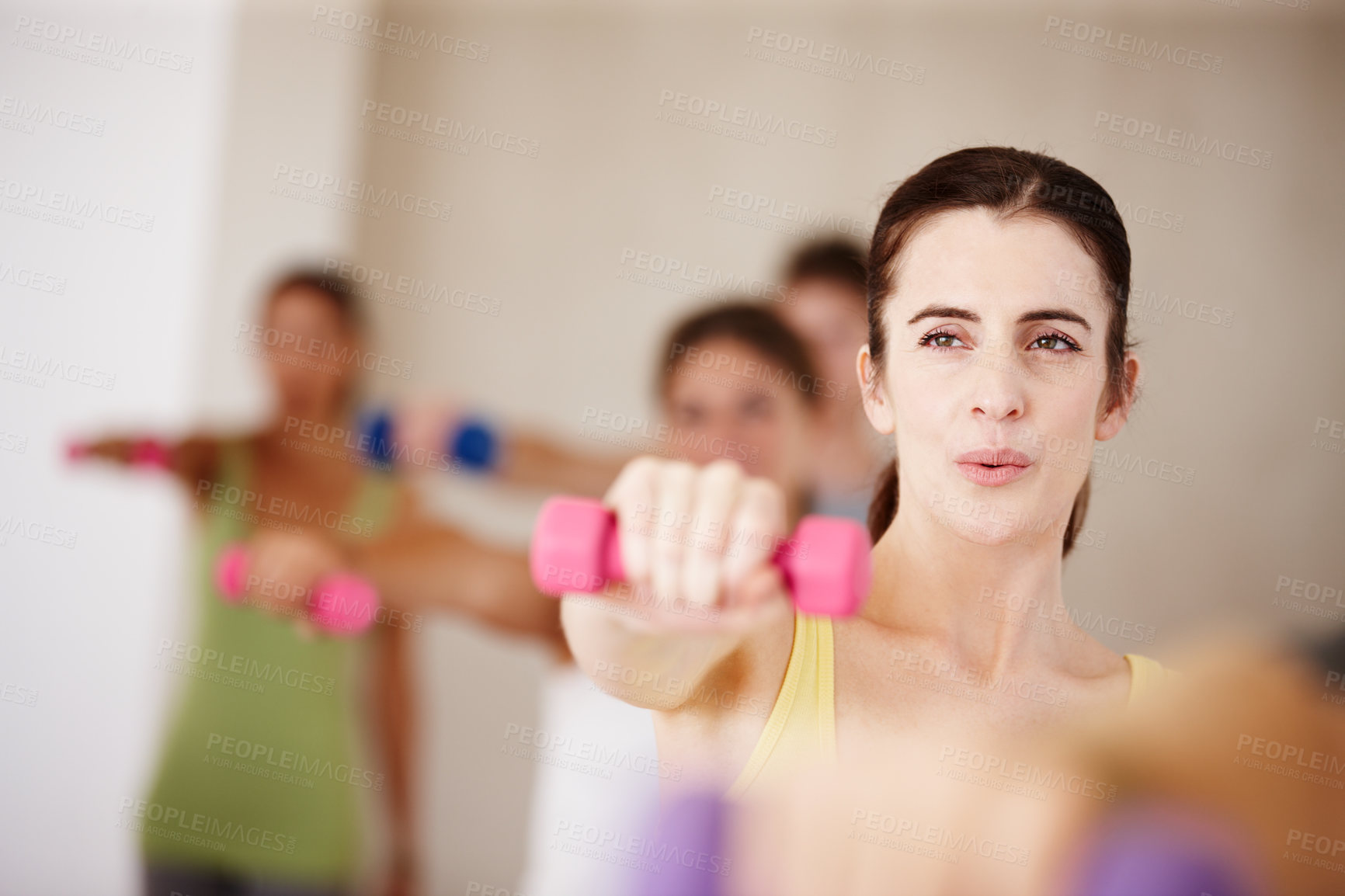 Buy stock photo Yoga, weights and woman in class for wellness, health and workout in studio for strength. Gym friends, happy and group of people for exercise, training and fitness for pilates, balance and mobility