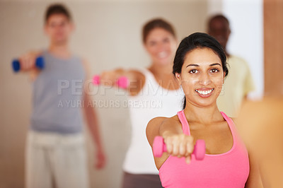 Buy stock photo Yoga, weights and portrait of woman in class for wellness, health and workout in studio. Gym friends, happy and group of people for exercise, training and fitness for pilates, balance and mobility