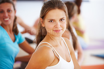 Buy stock photo Yoga, fitness and woman portrait with smile for health, wellness and workout class in pilates studio. Relax, student and happy at seminar and workshop for calm and balance learning on gym floor