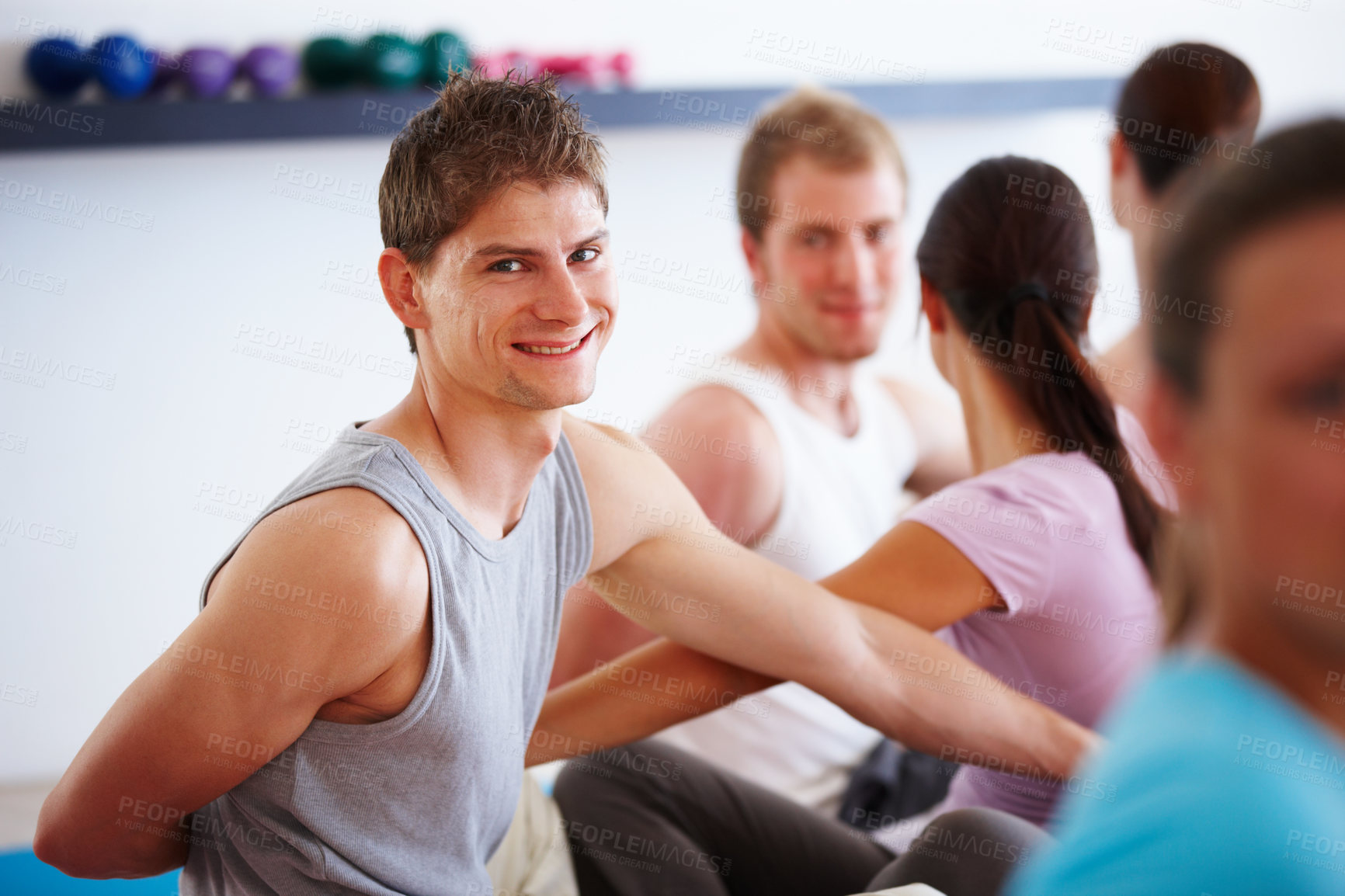 Buy stock photo Fitness, yoga and portrait of man in class for teamwork, wellness and stretching for healthy body care. Support, friends and people at exercise club together for balance, mindfulness and workout