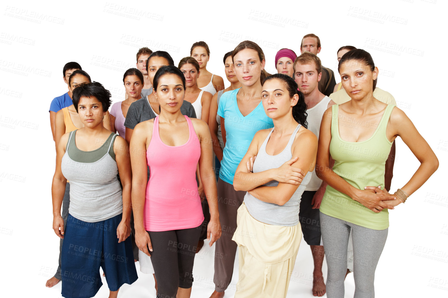 Buy stock photo Portrait, group of people in studio for yoga and fitness with serious face, commitment and wellness. Pilates team, men and women in class together, community of holistic health on white background.