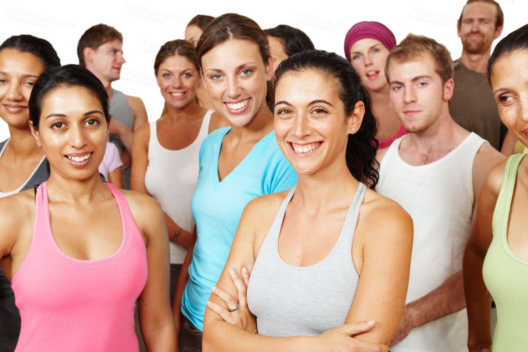 Buy stock photo Fitness, group and portrait of people in studio for exercise, support and wellness on weekend. Gym, community and friends with confidence for morning, training or workout together by white background