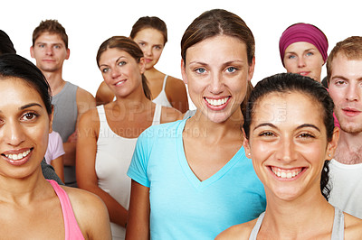 Buy stock photo A happy yoga class standing together on a white background